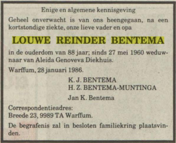 louwe reinder bentema in 1986.